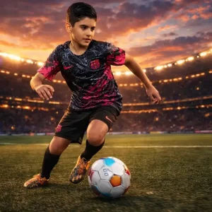 کیت اژدهای بارسلونا بچگانه 2025 مدل Pink Dragon مشکی صورتی شامل پیراهن و شورت فوتبال کودک